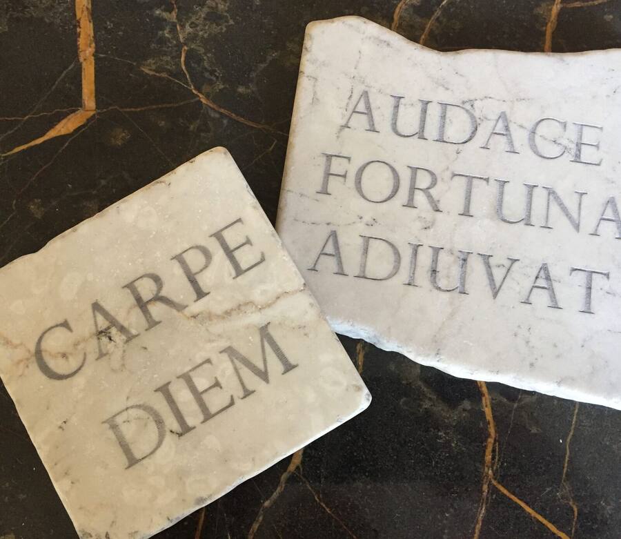 Scritte latine Carpe Diem e Audaces fortuna adiuvat incise su travertino